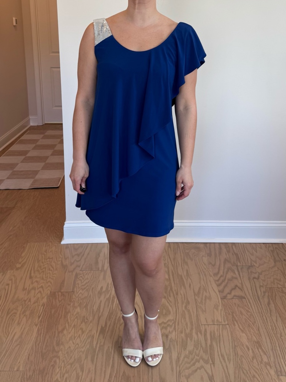 Dressbarn Royal Blue Ruffle Detail Dress with Sequin Strap, 4 Petite NWT